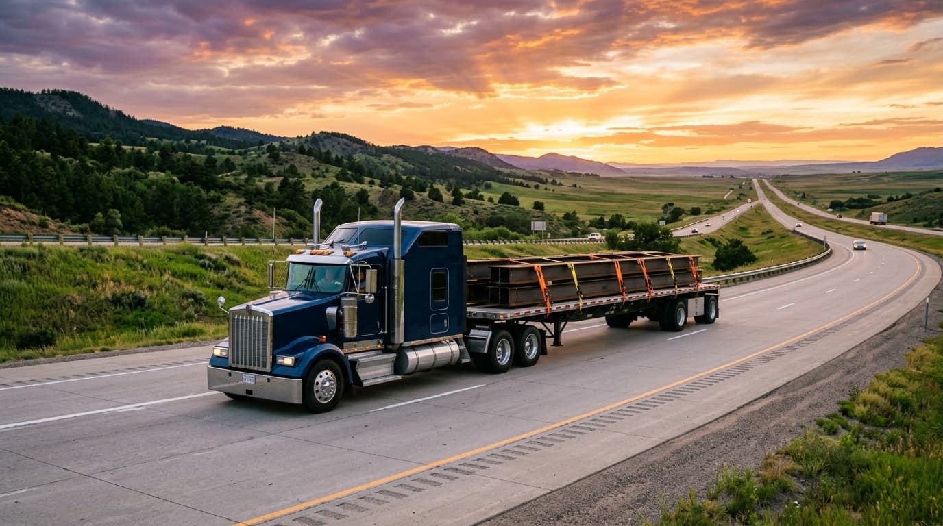 Semi-truck on open highway at golden hour