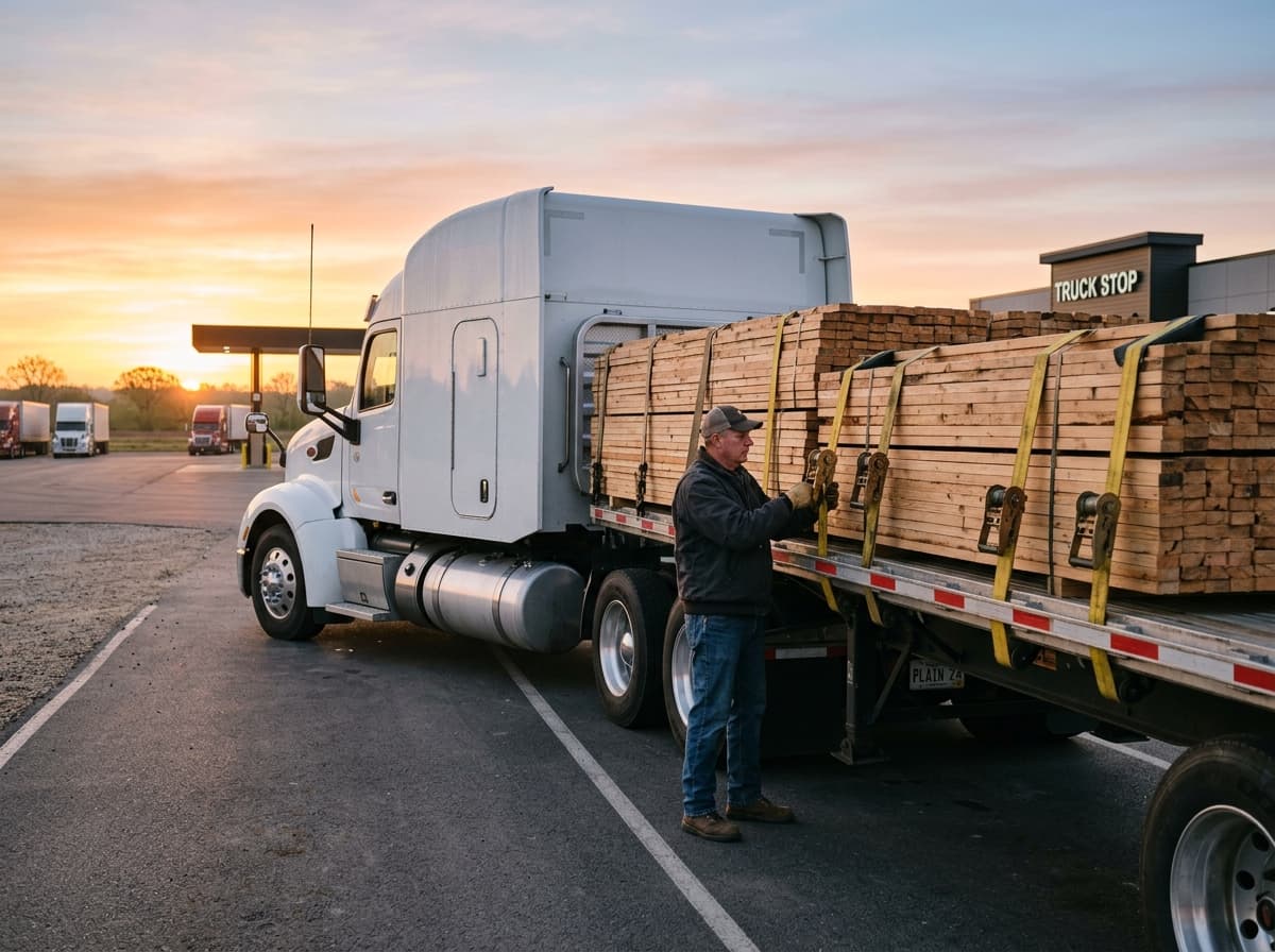 Professional truck driver doing pre-trip inspection